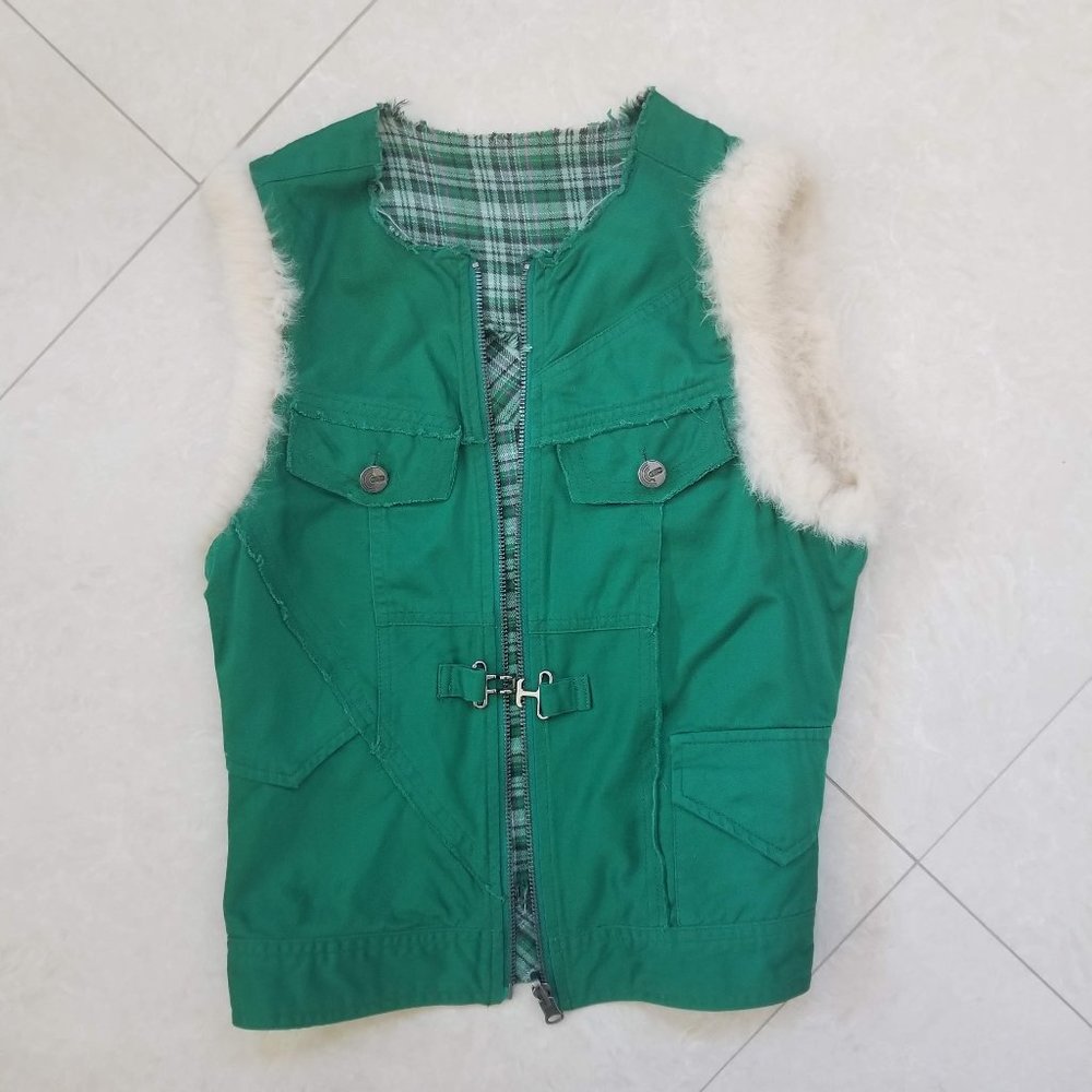 BCBGirls Reversible Green/Plaid Vest Faux-Fur